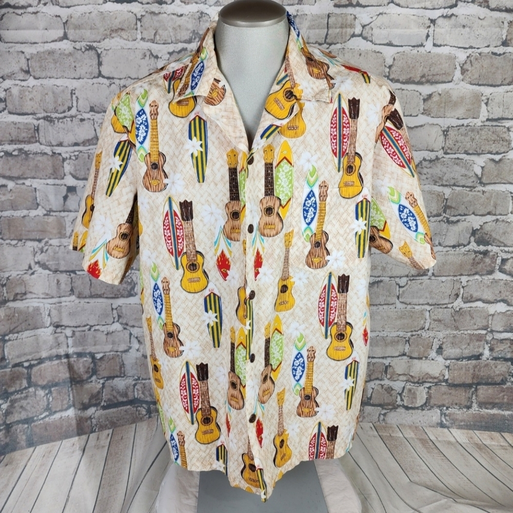 Vintage Hawaiian Camp Shirt Button Front Ukulele Surfboard Cream Size XXL - Picture 3 of 12